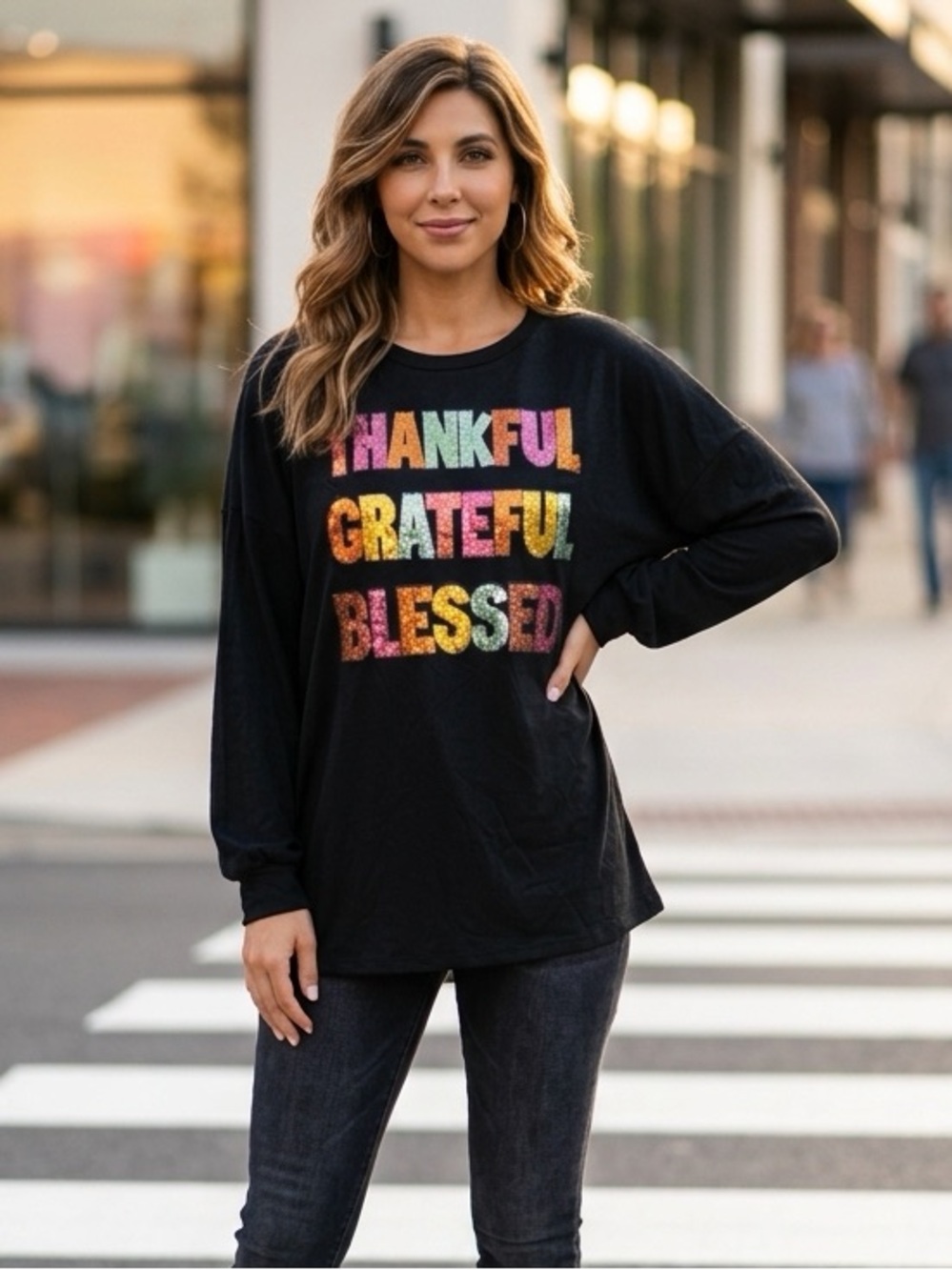 Black Long-Sleeve Tee with Multicolor Sequin Message